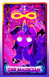 Size: 1080x1690 | Tagged: safe, artist:mihar34, twilight sparkle, alicorn, pony, g4, infinity symbol, looking up, magic, raised hoof, solo, spread wings, tarot card, twilight sparkle (alicorn), unshorn fetlocks, wings