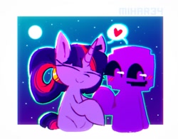 Size: 1080x848 | Tagged: safe, artist:mihar34, twilight sparkle, pony, unicorn, g4, alternate hairstyle, blush lines, blushing, bust, chromatic aberration, crossover, crossover shipping, eyes closed, female, five nights at freddy's, heart, male, moon, night, night sky, purple guy, shipping, sky, smiling, solo, speech bubble, starry night, stars, straight, unicorn twilight