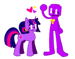 Size: 845x667 | Tagged: safe, artist:mihar34, twilight sparkle, pony, unicorn, g4, alternate hairstyle, crossover, five nights at freddy's, hair bun, heart, purple guy, simple background, smiling, solo, standing, unicorn twilight, white background