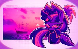 Size: 1154x736 | Tagged: safe, artist:mihar34, twilight sparkle, alicorn, pony, g4, boat, bust, clothes, hat, limited palette, palette, pirate, pirate twilight, ship, solo, twilight sparkle (alicorn)