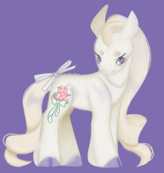 Size: 910x966 | Tagged: safe, artist:spaceoreosxoxo, bridal beauty, earth pony, pony, g1, bow, cloven hooves, colored hooves, purple background, simple background, solo, tail, tail bow