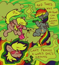 Size: 1868x2048 | Tagged: safe, artist:catponything, derpy hooves, rainbow dash, pegasus, pony, g4, :p, cloud, drugs, marijuana, red eyes, sitting, smiling, smoking, text, tongue out