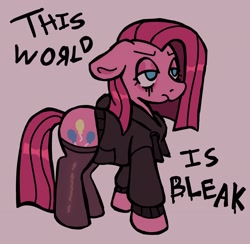 Size: 1916x1868 | Tagged: safe, artist:catponything, pinkie pie, earth pony, pony, g4, clothes, frown, hoodie, makeup, pinkamena diane pie, simple background, socks, solo, text, thigh highs