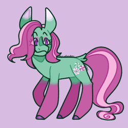 Size: 1080x1080 | Tagged: safe, artist:spaceoreosxoxo, minty, earth pony, pony, g3, alternate design, big ears, coat markings, colored eartips, colored hooves, eyeshadow, female, hoof polish, lavender background, makeup, mare, pink background, purple eyes, raised hoof, simple background, simple backgroundsolo, smiling, socks (coat markings), solo, standing, turned head
