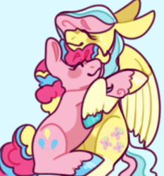 Size: 1008x1080 | Tagged: safe, artist:spaceoreosxoxo, fluttershy, pinkie pie, earth pony, pegasus, pony, g4, blue background, blushing, cute, diapinkes, duo, duo female, ears back, eyes closed, female, floppy ears, happy, hug, light blue background, mare, partially open wings, shyabetes, simple background, sitting, smiling, unshorn fetlocks, wings