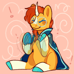 Size: 907x905 | Tagged: safe, artist:spaceoreosxoxo, sunburst, pony, unicorn, g4, abstract background, colored hooves, cute, emanata, excited, exclamation point, eyes closed, happy, male, sitting, smiling, solo, stallion, stimming, sunbetes