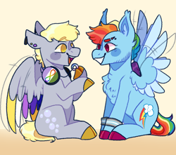 Size: 1058x934 | Tagged: safe, artist:spaceoreosxoxo, derpy hooves, rainbow dash, pegasus, pony, g4, alternate hairstyle, autism spectrum disorder, bigender, bigender pride flag, bracelet, chest fluff, cloven hooves, colored hooves, colored wings, demiboy, demiboy pride flag, duo, ear fluff, ear piercing, ear tufts, earring, eyebrow slit, eyebrows, flapping, genderqueer, genderqueer pride flag, gradient background, grin, headphones, hoof polish, jewelry, looking at each other, looking at someone, multicolored wings, necklace, neurodivergent, nonbinary, nonbinary pride flag, piercing, pride, pride flag, sitting, smiling, stimming, stubble, talking, wings, wristband
