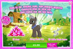 Size: 1960x1304 | Tagged: safe, gameloft, burnt oak, earth pony, pony, g4, my little pony: magic princess, advertisement, costs real money, english, facial hair, fence, gem, introduction card, male, mobile game, numbers, sale, solo, stallion, text, young burnt oak