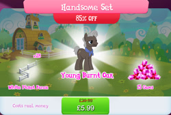 Size: 1268x859 | Tagged: safe, gameloft, burnt oak, earth pony, pony, g4, my little pony: magic princess, bundle, costs real money, english, facial hair, fence, gem, handsome set, male, mobile game, numbers, sale, solo, stallion, text, young burnt oak