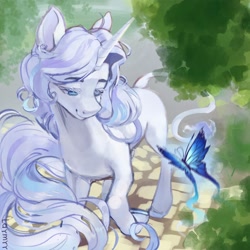 Size: 2000x2000 | Tagged: safe, artist:laymy, oc, oc only, oc:prince aluré, butterfly, pony, unicorn, high res, leonine tail, lidded eyes, looking at something, male, outdoors, signature, solo, stallion, tail
