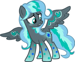 Size: 827x684 | Tagged: safe, artist:sugarmoonponyartist, oc, oc only, oc:floral rift, pegasus, pony, blushing, colored wings, female, gradient hooves, green eyes, heart, looking down, mare, multicolored wings, pegasus oc, rainbow power, rainbow power-ified, simple background, stars, striped mane, striped tail, tail, transparent background, unsure, wings