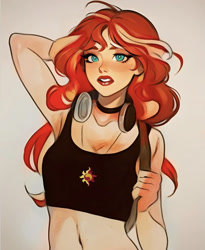 Size: 1170x1425 | Tagged: safe, artist:chloe dawn, artist:eggheadscientist, sunset shimmer, human, g4, arm behind head, belly button, breasts, busty sunset shimmer, choker, cleavage, clothes, cutie mark on clothes, female, headphones, humanized, midriff, simple background, solo, sports bra, tank top