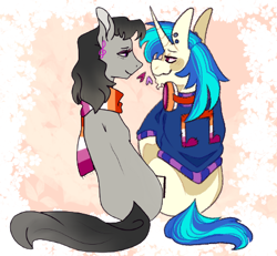 Size: 438x404 | Tagged: safe, artist:spaceoreosxoxo, artist:transgirlvelma, dj pon-3, octavia melody, vinyl scratch, earth pony, pony, unicorn, g4, butch, chin fluff, clothes, collaboration, duo, ear piercing, female, femme, jacket, lesbian, lesbian pride flag, music notes, piercing, pride, pride flag, scarf, ship:scratchtavia, shipping