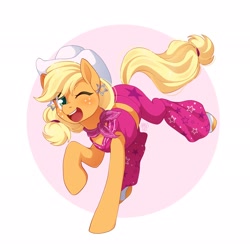 Size: 2048x2048 | Tagged: safe, artist:applesartt, applejack, earth pony, pony, g4, bandana, barbie, barbie (film), blushing, clothes, cosplay, costume, cowboy hat, crossover, cute, ear piercing, earring, female, freckles, hat, high res, jackabetes, jewelry, mare, one eye closed, open mouth, open smile, pants, piercing, smiling, solo, vest, wink
