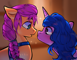 Size: 801x634 | Tagged: safe, artist:themavka, izzy moonbow, sunny starscout, earth pony, pony, unicorn, g5, my little pony: a new generation, spoiler:my little pony: a new generation, duo, duo female, female, looking at each other, looking at someone, looking into each others eyes, mare, personal space invasion, scene interpretation, signature, staring contest