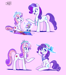 Size: 4390x4961 | Tagged: safe, artist:jowyb, rarity, sweetie belle, pony, unicorn, g4, absurd resolution, age progression, female, filly, foal, full circle, hat, magic, mare, older, older rarity, older sweetie belle, open mouth, open smile, pink background, siblings, simple background, sisters, smiling, telekinesis