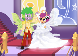 Size: 6191x4456 | Tagged: safe, artist:interstellar-quartz, scootaloo, spike, breezie, human, equestria girls, g4, breeziefied, breezieloo, clothes, dragon tail, dress, fairy wings, female, gown, human spike, humanized, male, princess costume, ship:scootaspike, shipping, species swap, straight, tail, wedding dress, wings