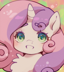 Size: 2000x2268 | Tagged: safe, artist:themavka, sweetie belle, pony, unicorn, g4, abstract background, bust, chest fluff, cute, diasweetes, female, filly, foal, high res, horn, looking at you, portrait, signature, smiling, smiling at you, solo