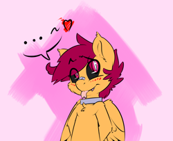 Size: 1280x1040 | Tagged: safe, artist:ask-lesboloo, scootaloo, pegasus, pony, g4, ..., abstract background, ask, bandaid, bandaid on nose, black sclera, blushing, chest fluff, collar, eyebrows, eyebrows visible through hair, fangs, female, forked tongue, heart, hooves behind back, lesboloo, looking back, smiling, solo, tongue out, tumblr