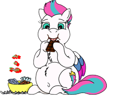 Size: 2600x2021 | Tagged: safe, artist:puffydearlysmith, zipp storm, pegasus, pony, g5, belly, belly button, big belly, bowl, candy, chest fluff, chocolate, chubby cheeks, eating, fat, female, food, high res, mare, simple background, solo, that pony sure does love chocolate, transparent background, zipp slob