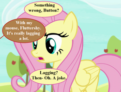 Size: 945x720 | Tagged: safe, edit, edited screencap, editor:korora, screencap, fluttershy, pegasus, pony, fluttershy leans in, g4, apple, apple tree, cropped, dialogue, implied button mash, offscreen character, pun, speech bubble, sweet apple acres, tree