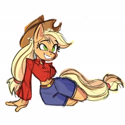 Size: 2037x2048 | Tagged: safe, artist:tysobro, applejack, earth pony, anthro, g4, applejack's hat, belly button, belt, clothes, cowboy hat, cute, female, grin, hat, high res, jackabetes, midriff, shirt, shorts, simple background, smiling, solo, white background