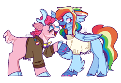 Size: 1080x745 | Tagged: safe, artist:spaceoreosxoxo, pinkie pie, rainbow dash, deer, hippogriff, pony, reindeer, g4, bow, duo, ear piercing, female, femme, hair bow, lesbian, lesbian pride flag, nonbinary, nonbinary pride flag, piercing, pride, pride flag, pride flag pin, punk, ship:pinkiedash, shipping, simple background, transparent background