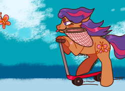 Size: 1080x787 | Tagged: safe, artist:spaceoreosxoxo, scootaloo (g3), butterfly, earth pony, pony, g3, butterfly net, scooter, solo
