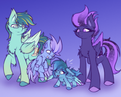 Size: 4000x3200 | Tagged: safe, artist:shad0w-galaxy, oc, oc only, oc:diamond sky, oc:hazy morning, oc:ruffled quill, oc:shadow galaxy, pegasus, pony, cheek fluff, chest fluff, couple, ear fluff, ethereal mane, family, family photo, female, fluffy, flying, foal, freckles, glasses, gradient background, high res, hooves, male, mare, oc x oc, parents:oc x oc, shipping, stallion, starry mane, starry tail, tail, unshorn fetlocks