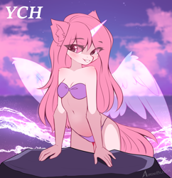 Size: 3016x3111 | Tagged: safe, artist:airiniblock, alicorn, anthro, bikini, clothes, cloud, ear fluff, high res, looking at you, ocean, smiling, smiling at you, solo, swimsuit, water, ych sketch, your character here