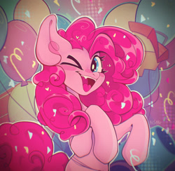 Size: 1943x1896 | Tagged: safe, artist:buckysmith, pinkie pie, earth pony, pony, g4, blue eyes, blushing, cheerful, confetti, curly hair, curly mane, cute, digital art, eyelashes, female, happy, looking at you, mare, one eye closed, open mouth, open smile, party, party cannon, pink background, pink mane, pink tail, signature, simple background, smiling, smiling at you, solo, tail, teeth, wink, winking at you