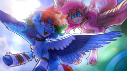 Size: 7680x4320 | Tagged: safe, artist:yumkandie, fluttershy, rainbow dash, pegasus, pony, g4, absurd resolution, alternate hairstyle, bandage, cheek fluff, chest fluff, choker, cloud, crying, duo, duo female, ear fluff, female, flying, freckles, frog (hoof), lesbian, mare, nose piercing, open mouth, piercing, scar, scenery, ship:flutterdash, shipping, sky, smiling, spiked choker, teary eyes, tongue piercing, underhoof, unshorn fetlocks