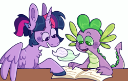 Size: 1200x761 | Tagged: safe, artist:knightbug, artist:spaceoreosxoxo, spike, twilight sparkle, alicorn, dragon, pony, g4, alternate hairstyle, book, collaboration, duo, dyslexia, female, male, mare, open book, ponytail, reading, simple background, speech bubble, twilight sparkle (alicorn), white background