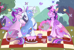 Size: 1680x1143 | Tagged: safe, artist:wanderingpegasus, starlight glimmer, trixie, twilight sparkle, alicorn, butterfly, classical unicorn, pony, unicorn, g4, body freckles, cake, chest fluff, clothes, cloven hooves, coat markings, colored hooves, colored horn, colored pinnae, colored wings, cup, curved horn, dappled, ears back, eyes closed, facial markings, female, fetlock tuft, food, freckles, gameloft interpretation, glowing, glowing horn, gradient wings, grin, hat, horn, kettle, leonine tail, levitation, lidded eyes, magic, mare, multicolored wings, pale belly, picnic, picnic blanket, raised hoof, redraw, scene interpretation, sitting, smiling, snip (coat marking), socks (coat markings), star (coat marking), tail, tea, teacup, teapot, telekinesis, trio, trip, trixie's hat, twilight sparkle (alicorn), unshorn fetlocks, wings