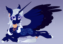 Size: 3140x2205 | Tagged: safe, artist:bishopony, oc, alicorn, classical unicorn, pony, choker, cloven hooves, crossed hooves, ear piercing, earring, ethereal mane, female, fusion, fusion:amalthea, fusion:princess luna, gradient background, high res, hoof fluff, horn, jewelry, leonine tail, long horn, looking at you, lying down, mare, one wing out, piercing, prone, ring, solo, sploot, starry mane, starry wings, tail, tail ring, the last unicorn, wings