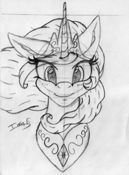 Size: 3290x4445 | Tagged: safe, artist:memprices, princess celestia, alicorn, pony, unicorn, g4, blushing, bust, crown, ear fluff, eye clipping through hair, grayscale, high res, jewelry, looking at you, monochrome, necklace, pencil drawing, regalia, simple background, sketch, solo, traditional art, white background, wip