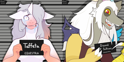 Size: 1320x660 | Tagged: safe, artist:shortbred, discord, oc, oc:taffeta, draconequus, unicorn, anthro, g5, spoiler:g5comic, barbie, barbie (film), barbie mugshot meme, crying, distaff, duo, equestria, fangs, female, male, meme, monsters inc., mugshot, name, old man discord, reference to another series, signature, straight, suggestive description