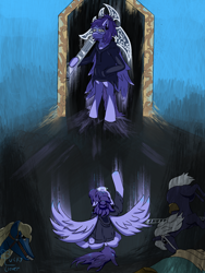 Size: 1536x2048 | Tagged: safe, artist:luckyclover, oc, oc only, oc:creekflow, oc:vylet, pegasus, pony, carousel (an examination of the shadow creekflow and its life as an afterthought), vylet pony, carousel, clothes, door, doorway, duo, ear piercing, electric guitar, front view, glasses, guitar, hoodie, looking at you, looking up, musical instrument, piercing, reaching, rear view, scythe, spread wings, wings