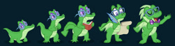 Size: 1600x423 | Tagged: safe, artist:magerblutooth, gummy, alligator, dragon, g4, all fours, baby, baby dragon, book, bowtie, dragonified, glasses, paper, quill, species swap, story included, transformation, transformation sequence