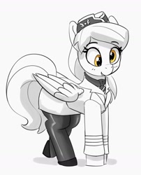 Size: 1300x1605 | Tagged: safe, artist:pabbley, derpy hooves, pegasus, pony, g4, alternate hairstyle, black and white, cape, clothes, cute, derpabetes, eyebrows, eyebrows visible through hair, female, flight attendant, grayscale, hat, mare, monochrome, necktie, open mouth, open smile, pantyhose, partial color, simple background, smiling, solo, uniform, white background
