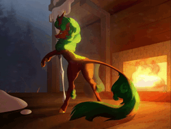 Size: 2768x2088 | Tagged: safe, artist:velvety, oc, oc only, oc:carnal eyes, kirin, animated, blizzard, brown fur, butt, butt shake, fireplace, forest, green mane, green tail, high res, hooves, horn, kirin oc, leaning on sword, leg fluff, leonine tail, neck fluff, plot, ruins, scales, snow, snowfall, solo, steaming hot, sultry pose, sword, tail, weapon, webm, wood