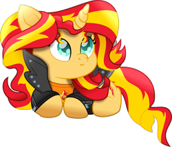 Size: 2552x2180 | Tagged: safe, artist:php178, derpibooru exclusive, sunset shimmer, pony, unicorn, equestria girls, g4, .svg available, adorable face, alternative cutie mark placement, bacon hair, button, buttons, c:, chibi, clothes, colored pupils, curled up, cute, cute face, cute smile, cuteness overload, cutie mark on clothes, daaaaaaaaaaaw, equestria girls ponified, eyelashes, female, happy, happy face, high res, hnnng, horn, human to pony, inkscape, jacket, leather, leather jacket, long hair, long mane, looking up, lying down, mane, mare, movie accurate, ponified, ponyloaf, prone, red mane, red tail, shimmerbetes, shirt, simple background, small mouth, smiling, solo, striped hair, striped mane, striped tail, sun, svg, t-shirt, tail, teal eyes, transparent background, turquoise eyes, two toned hair, two toned mane, two toned tail, vector, weapons-grade cute, yellow mane, yellow tail, zipper