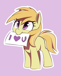 Size: 1000x1250 | Tagged: safe, artist:thebatfang, noi, earth pony, pony, g4, female, filly, foal, i <3 u, mouth hold, paper, purple background, simple background, smiling, solo