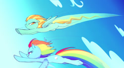 Size: 1280x702 | Tagged: safe, artist:kkmrarar, lightning dust, rainbow dash, pegasus, pony, g4, wonderbolts academy, cloud, duo, female, flying, mare, racing, sky, smiling, smirk, spread wings, wings