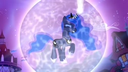 Size: 1280x720 | Tagged: safe, screencap, princess luna, alicorn, pony, do princesses dream of magic sheep, g4, bubble, eyes closed, female, force field, in bubble, magic bubble, mare, night, sky, solo