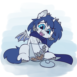 Size: 2000x2000 | Tagged: safe, artist:rivibaes, oc, oc only, oc:prince nova, dracony, dragon, hybrid, colt, cookie, foal, food, high res, horns, jar, male, open mouth, simple background, wings