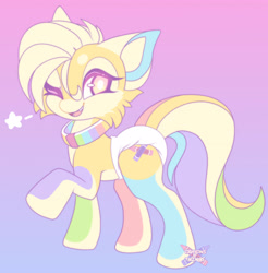 Size: 2932x2984 | Tagged: safe, artist:crayonsnlewds, oc, oc only, oc:crayons, earth pony, hybrid, pony, collar, diaper, diaper fetish, female, fetish, gradient background, high res, multicolored tail, non-baby in diaper, one eye closed, pastel, rainbow, raised leg, solo, tail, wink