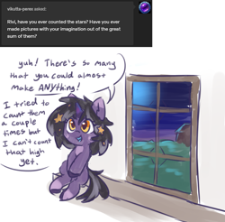 Size: 1557x1530 | Tagged: safe, artist:rivibaes, oc, oc only, oc:rivibaes, pony, unicorn, ask, dialogue, female, filly, foal, solo, tumblr, window