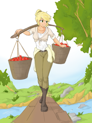 Size: 1439x1919 | Tagged: safe, artist:cirtierest, applejack, human, g4, apple, basket, beautiful, blonde, clothes, female, food, hatless, humanized, missing accessory, river, scenery, solo, stream, tree, water