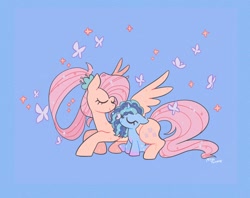 Size: 2048x1620 | Tagged: safe, artist:petaltwinkle, fluttershy, misty brightdawn, butterfly, pegasus, pony, unicorn, g4, g5, blue background, butterfly on nose, cuddling, cute, eyes closed, female, filly, filly misty brightdawn, floppy ears, foal, insect on nose, lying down, mare, misty and her heroine, older, older fluttershy, prone, signature, simple background, sitting, smiling, sparkles, spread wings, wings, younger